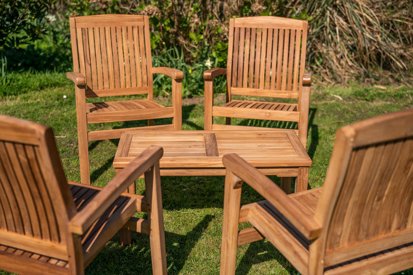 family fixed teak marley stacking chair coffee table set 4