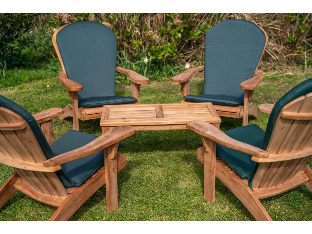 family teak adirondack set with coffee table and cushions