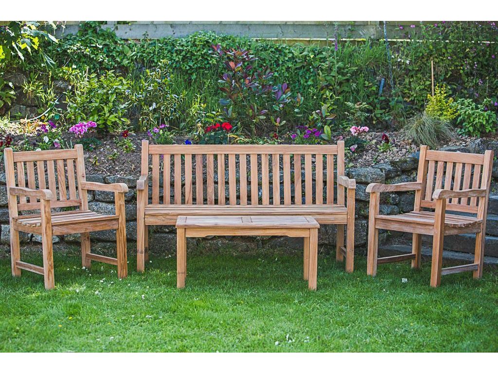 solid teak garden furniture set catherine garden bench fixed garden arm chairs and rectangular coffee table 1