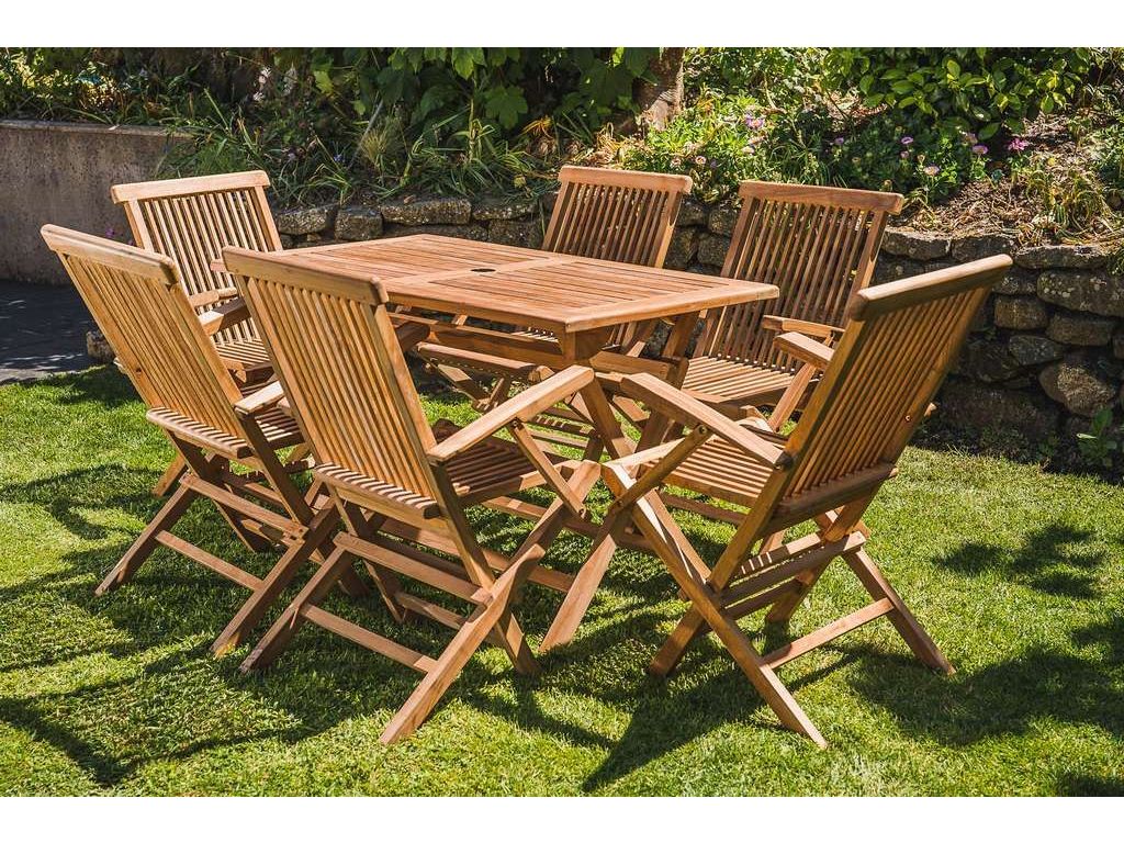 solid teak rectangular patio set 1 2m rectangular table and 6 folding armchairs