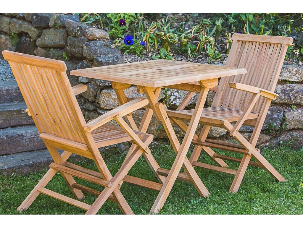 square 70cm 2 seater solid teak folding garden table and arm chair furniture set
