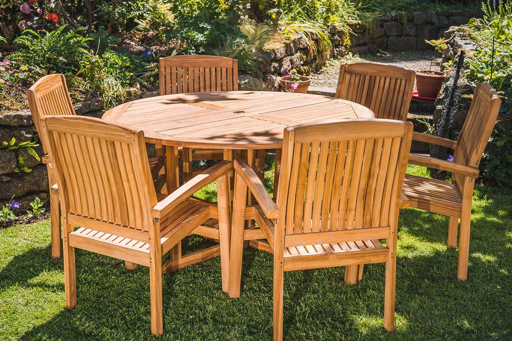 teak patio furniture 6 seat 140cm folding pedestal stacking garden armchair set 01 1