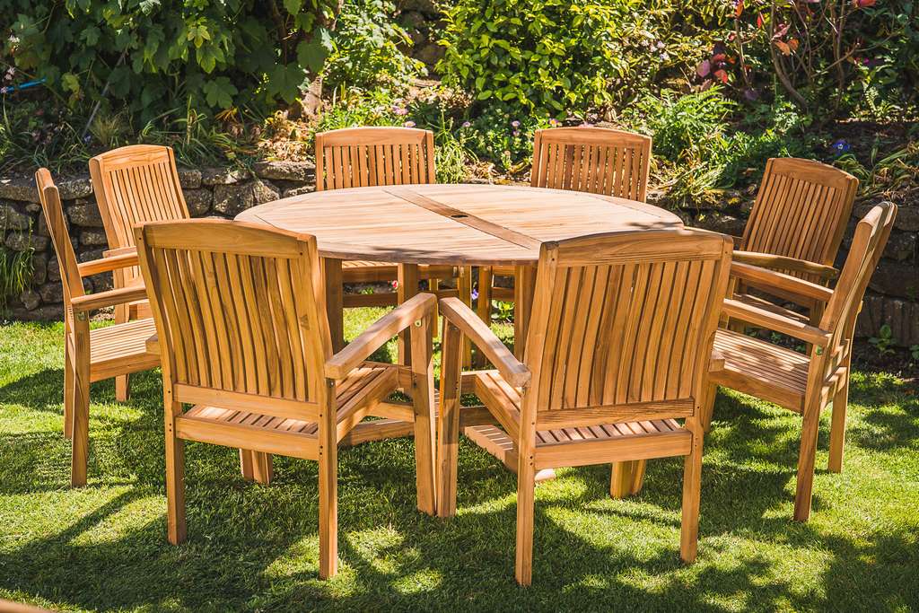teak patio furniture 8 seat 150 pedestal stacking garden armchair set 04